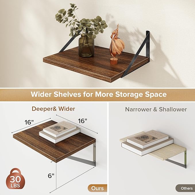Acovy Deep Floating Shelves Wall Mounted, 16"x12" Walnut Wall Shelves with Brackets Set of 2 for Bedroom, Living Room, Bathroom, Kitchen, Office - Storage & Display Shelf for Decor, Books, Plants