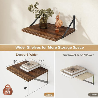 Acovy Deep Floating Shelves Wall Mounted, 16"x12" Walnut Wall Shelves with Brackets Set of 2 for Bedroom, Living Room, Bathroom, Kitchen, Office - Storage & Display Shelf for Decor, Books, Plants