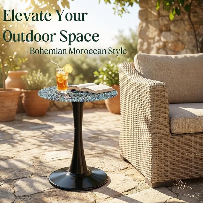 Simmer Stone 13.4" Outdoor Side Table, Round Patio Bistro Table Printed Tempered Glass Top, Waterproof Rust-Proof Base, Small Plant Stand for Balcony, Garden, Deck, 21.6" H (Blue Morocco)