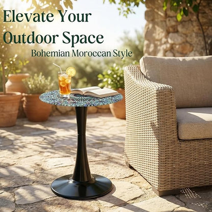 Simmer Stone 13.4" Outdoor Side Table, Round Patio Bistro Table Printed Tempered Glass Top, Waterproof Rust-Proof Base, Small Plant Stand for Balcony, Garden, Deck, 21.6" H (Blue Morocco)