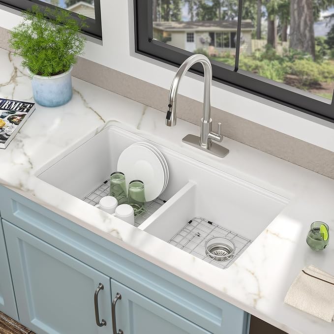 33 Granite Composite Kitchen Sink Double Bowl - Fulorni 33"x19" Granite Kitchen Sink Ledge Workstation White Undermount Double Bowl 50/50 Quartz Classic Under Counter Basin