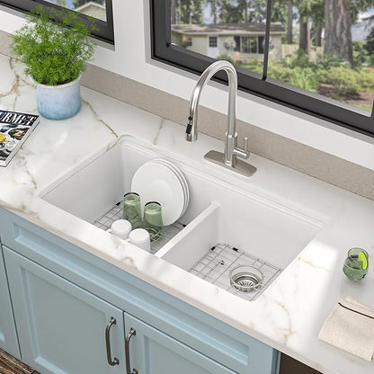 33 Granite Composite Kitchen Sink Double Bowl - Fulorni 33"x19" Granite Kitchen Sink Ledge Workstation White Undermount Double Bowl 50/50 Quartz Classic Under Counter Basin