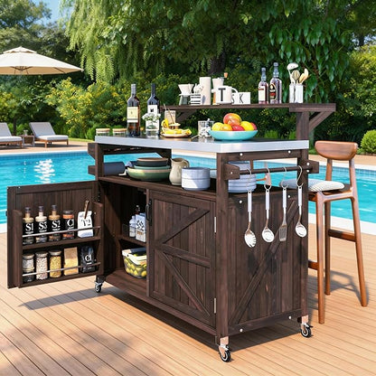 Casaphoria 53.3" Outdoor Kitchen BBQ Grill Cart, 100% Fir Wood Bar Cart Pizza Oven Table with Stainless Steel Countertop, Raised Worktop, Hooks, Adjustable Shelves Outdoor Kitchen Island, Brown