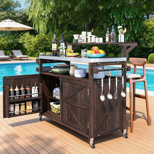 Casaphoria 53.3" Outdoor Kitchen BBQ Grill Cart, 100% Fir Wood Bar Cart Pizza Oven Table with Stainless Steel Countertop, Raised Worktop, Hooks, Adjustable Shelves Outdoor Kitchen Island, Brown