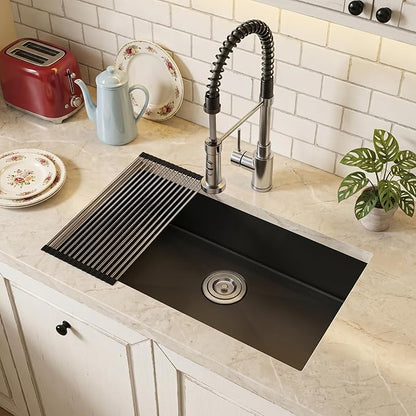 MILOSEN Black Undermount Kitchen Sink, 30''x18'' Single Bowl Granite Comoposite Kitchen Sinks, Large and Deep Sinks with Custom Accessories, Drop in Quartz Sink