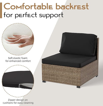 LHBcraft 7 Piece Outdoor Patio Furniture Set, Wicker Patio Furniture Set Outdoor Patio Sectional Sofa for Backyard Rattan Patio Seating with Black Cushion