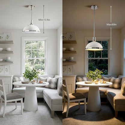 12.7 Inch White and Nickel Modern Pendant Lights, Mid Century Dome Kitchen Island Pendant Lighting, 1-Light Small Ceiling Hanging Light Fixture with Opal Glass Diffuser, Over Sink Table Bar