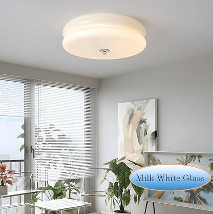 Bofea-Modern Glass Flush Mount Ceiling Light Milk Glass Schoolhouse Lights Fixtures LED Flush Mount Light for Bathroom Chrome Hallway Lamp Round Ceiling Lights for Bedroom Kitchen