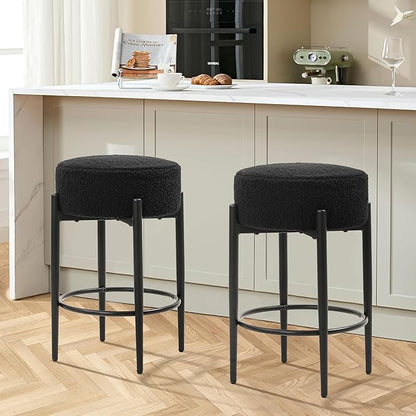 Murago Counter Height Bar Stools, Set of 2, 24" Modern Backless Bar Stools, Ideal for Kitchen Counter, Kitchen Island, Boucle Sherpa Padded Cover, with Round Soft Seat and Foot Rest, Black