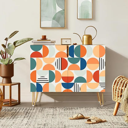 SIGNWIN Sideboard Buffet Cabinet, Kitchen Storage Cabinet with 2 Doors, Orange & Blue Retro Polygon Pattern, Cupboard Console Table for Dining Room - 35" L x 18" W x 29" H