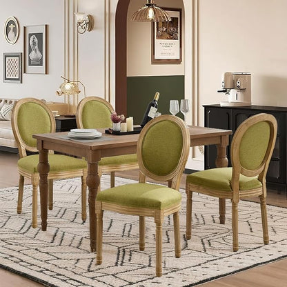 SoarFlash French Dining Chairs Set of 4, Vantage Linen Dining Chair with Round Back, Wood Leg Farmhouse Country Dining Chair for Kitchen,Bedroom,Olive Green