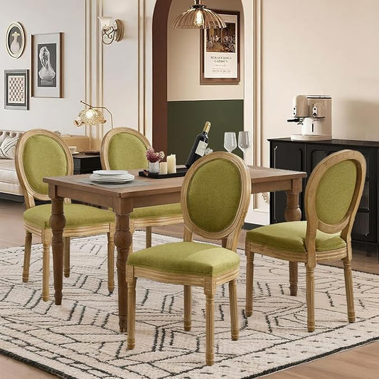 SoarFlash French Dining Chairs Set of 4, Vantage Linen Dining Chair with Round Back, Wood Leg Farmhouse Country Dining Chair for Kitchen,Bedroom,Olive Green