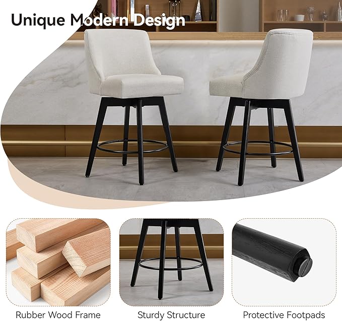 Vipbear Counter Height Bar Stools Set of 4, 26" H Swivel Bar Stools with Backs, Linen Fabric Upholstered Bar Chairs with Solid Wood Legs for Kitchen Island, Dining Room, Home Bar, White