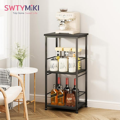 SWTYMIKI Coffee Bar Cabinet for Home - 3-Tier Sturdy Farmhouse Coffee Stand Station Multi-Purpose Buffet Sideboard - Kitchen Bar Table for Living Room, Corner, Small Space, Black
