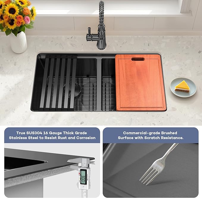 MILOSEN Black Double Bowl Kitchen Sink, 32 x18 inch 16 Gauge T304 Black Stainless Steel Undermount Workstation Sinks, 10'' Deep 50/50 Double Bowl Basin, Handmade Black Sink with Accessories