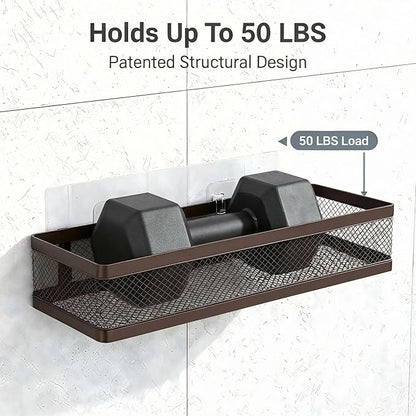 PUSDON 16.5-Inch Extra Long Slim Mesh Shower Caddy, Wall Mounted Bathroom Organizer with Adhesive, Heavy Duty Rustproof Shelf for Narrow Kitchen Pantry & RV, Holds 50 LBS Bronze -2 Packs Netting