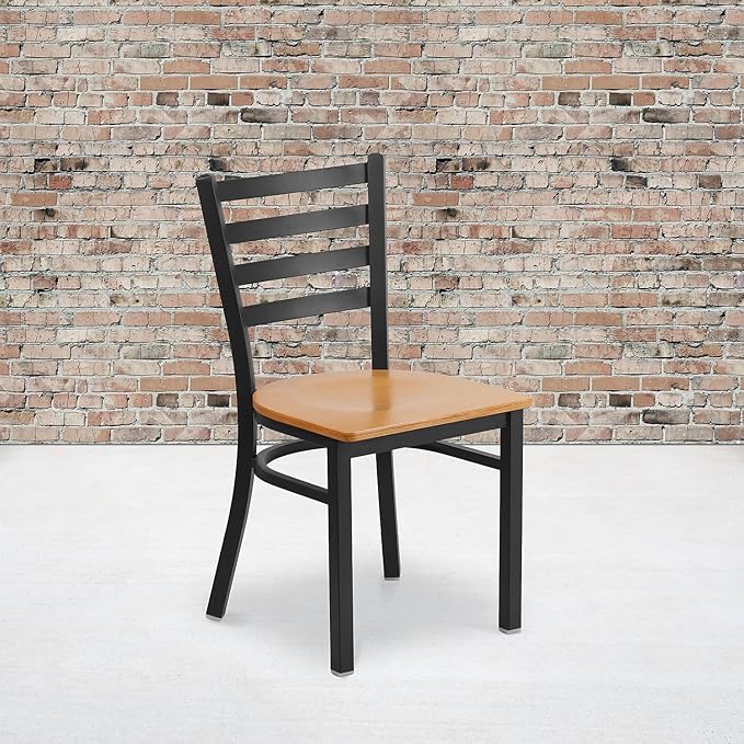 Flash Furniture 2 Pack HERCULES Series Black Ladder Back Metal Restaurant Chair - Natural Wood Seat