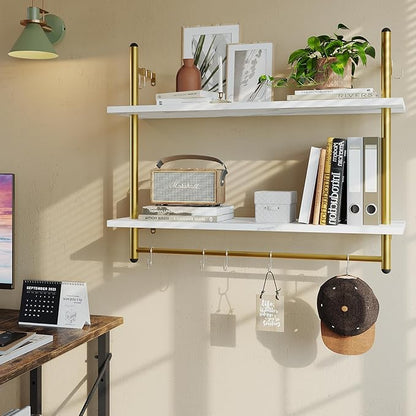 Bestier Floating Shelving 31" Kitchen Wall - Mounted Shelf with Towel Bar Hooks Coffee Bar Shelf Wine Hanging Display Rack Bookshelf Living Room Decor Bathroom - White Marble
