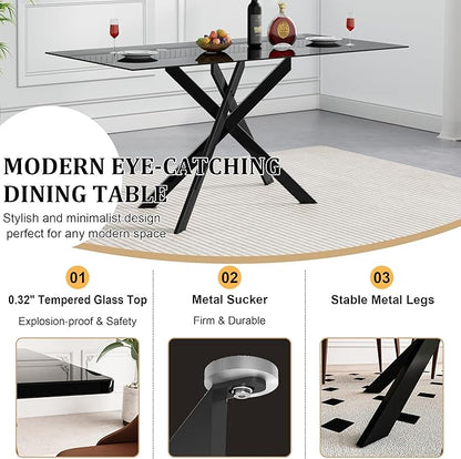 51.2" Black Glass Dining Table, Modern Kitchen Table for 4-6 People, Contemporary Rectangular Dining Room Dinner Tables with Black Glass Top & Black Metal X Legs for Kitchen Apartment