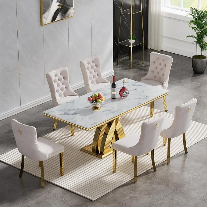 68 Inch Marble Dining Table for 4-6,Modern Dining Room Table with White Faux Marble Tabletop & Gold X Stainless Steel Base,Luxury Rectangle Gold Kitchen Dining Room Table for Living Room Home Office