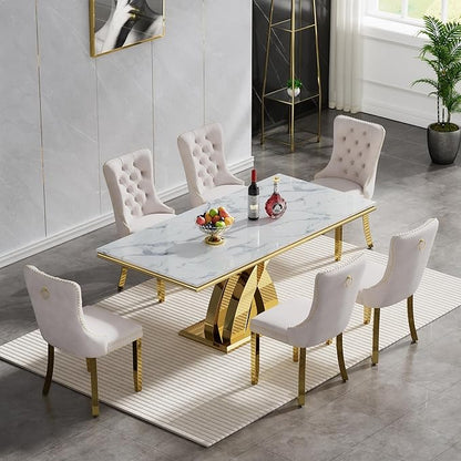 68 Inch Marble Dining Table for 4-6,Modern Dining Room Table with White Faux Marble Tabletop & Gold X Stainless Steel Base,Luxury Rectangle Gold Kitchen Dining Room Table for Living Room Home Office