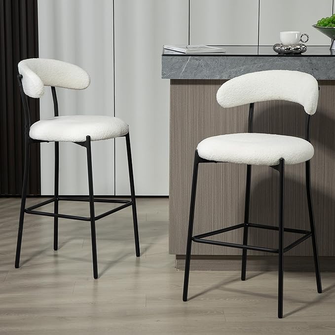 26'' Counter Height bar stools Fabric Cover Kitchen Island Counter bar Stool with Black Powder Coating Base and footrest(Snow)