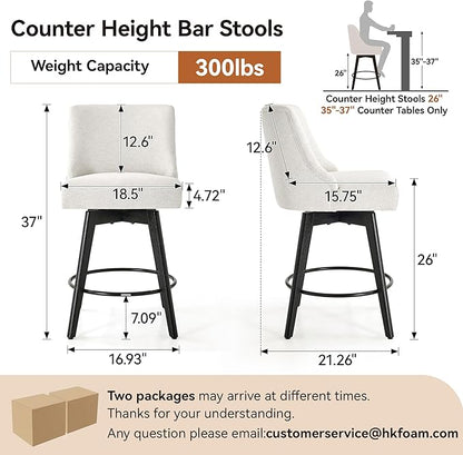 Counter Height Bar Stools Set of 4, Swivel Barstools with Backs and Wood Legs, Linen Fabric Upholstered Counter Stools for Kitchend Island, Mid-Century Modern 26" Seat Height Bar Chairs, Cream