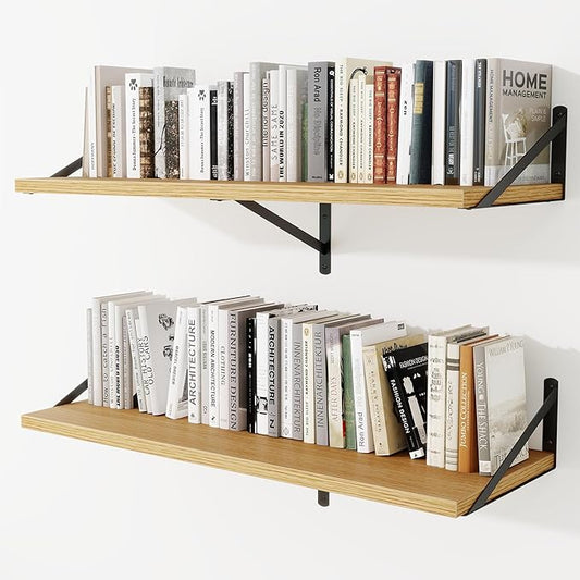 Deep Wall Shelves 40"W x 12"D Engineered Wood Floating Shelves for Wall, Sturdy Metal Bracket Bookshelves Home Decor Storage for Living Room Bedroom Bathroom Kitchen, Set of 2, Oak Finish