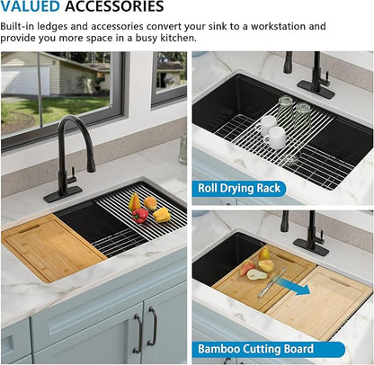 30 Granite Composite Kitchen Sink - Fulorni 30"x19" Black Granite Kitchen Sink Undermount Ledge Workstation Matte Black Quartz Composite Under Counter Single Bowl Sink Basin