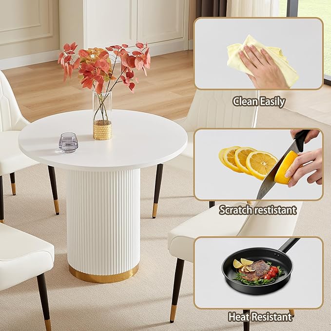 Round Dining Table Set for 4, 35.04" Modern Farmhouse Dining Table and 4 Leather Dining Chair, Small Circle Kitchen Tables with Wood & Gold Stainless Steel Base for Living Room, Kitchen, White