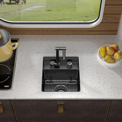13"x15" Undermount RV Kitchen Sink Workstation – Gunmetal Black NANO-PVD, 16 Gauge 304 Stainless Steel, Single Bowl Basin with Foldable Faucet for Mobile Home, Wet Bar, Outdoor RV Kitchen