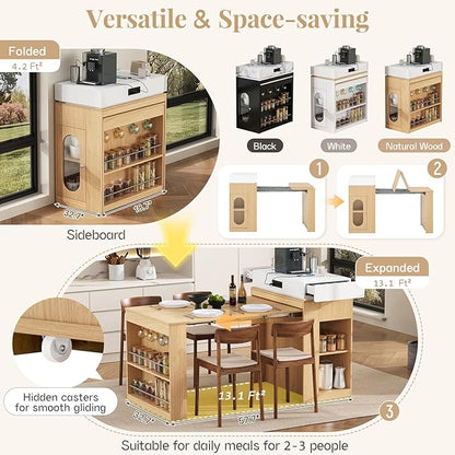 Extendable Dining Table with Folding Tabletop, Bar Table with Drawers and Power Outlet, Rolling Kitchen Island with Wheels and Hooks, Sideboard for Dining Room (Natural+Creamy White)