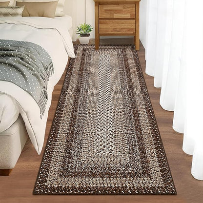 Printed Washable Rugs Runner 2x6 Rug for Living Room Bathroom Rugs Dark Brown Modern Imitation Braided Bedroom Rug Non Slip Geometric Kitchen Runner Stain Resistant Carpet 2'x6' Dark Brown