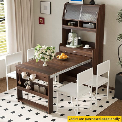 Compact Buffet with Hutch and Foldable Dining Table, Multifunctional Cupboard with Storage Shelf and Side Hooks, 2-in-1 Buffet for Small Places, Studio, Apartment (Walnut-9c)