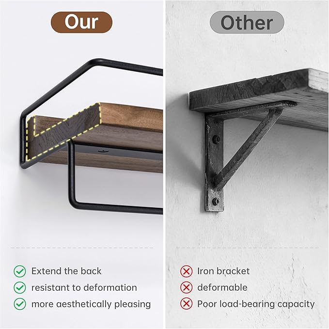 Floating Shelves with Towel Bar - American Black Walnut Solid Wood Shelf, Set of 2 Over Toilet Wall Storage Shelves with Metal Frame for Kitchen Bedroom Living Room