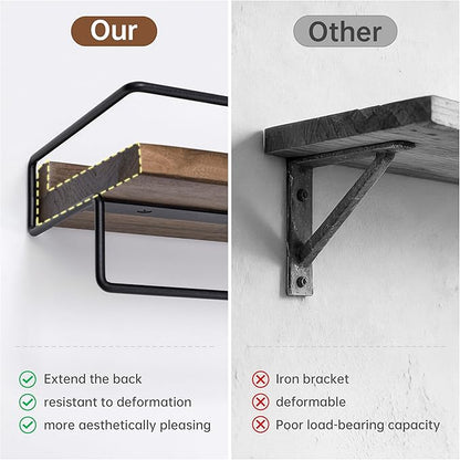 Floating Shelves with Towel Bar - American Black Walnut Solid Wood Shelf, Set of 2 Over Toilet Wall Storage Shelves with Metal Frame for Kitchen Bedroom Living Room