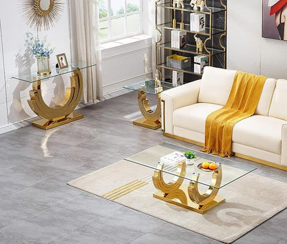 Glass Living Room Table Set of 3, Modern Glass Coffee Table with 1 Console Tables & End Tables Set for Apartment, Luxury Coffee Tables Sets Perfect for Living Room, Stainless Steel Frame