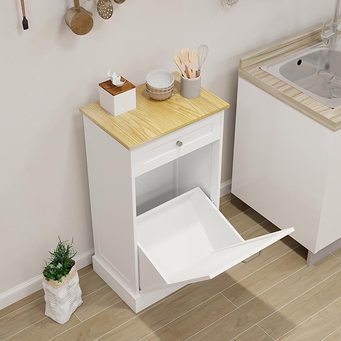 Ball & Cast Tilt-Out Trash Cabinet with One Drawer, Multifunctional White Hidden Garbage Can, Wooden Trash Can for Kitchen, Bathroom and Living Room, White