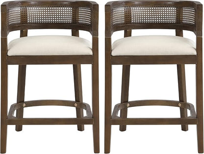 Set of 2 Upholstered Arm Counter Stools with Solid Rubberwood Frame & Natural Rattan Caned Back,Soft Padded Seating,Transitional Farmhouse Chairs for Kitchen Island Dining Room,25.5" H Walnut