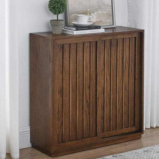 Amposei Mid Century Modern Sideboard Cabinet | Slim Fluted Credenza with Sliding Doors | Narrow Storage Buffet Console Table for Small Spaces, Living Room, Entryway, Kitchen (Walnut, 32")