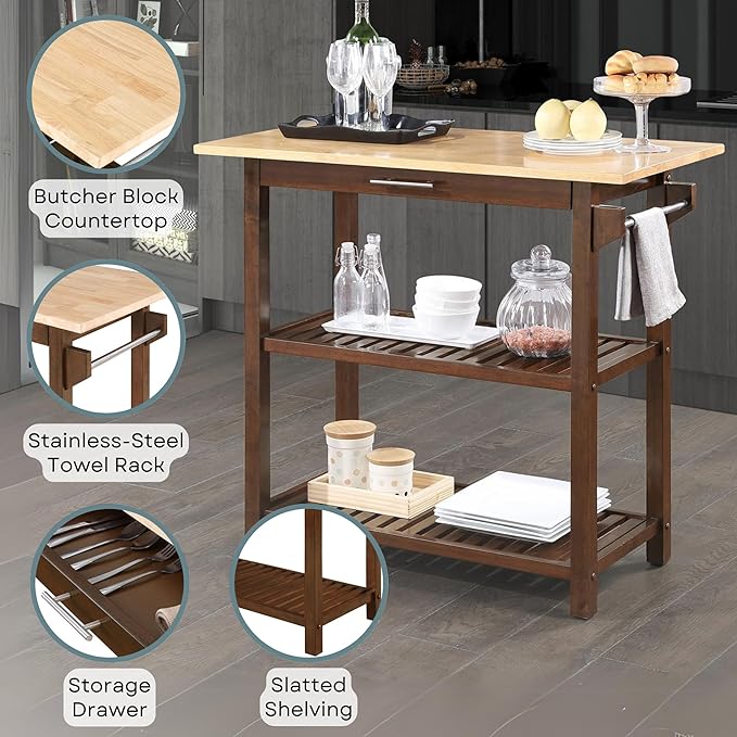 Convenience Concepts Designs2Go 3 Tier Butcher Block Kitchen Prep Island 40" - 3 Tier Modern Cooking Cart with Drawer, Food Serving Station for Kitchen, Dining Room, Espresso