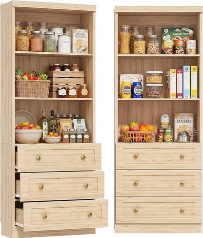 Cyclysio 80" Kitchen Pantry Cabinet with 3 Drawers, Tall Storage Cabinet Wood Food Pantry with Thickened Top Panel and Adjustable Shelves, Versatile Cupboard for Kitchen, Dining Room (2, Natural)