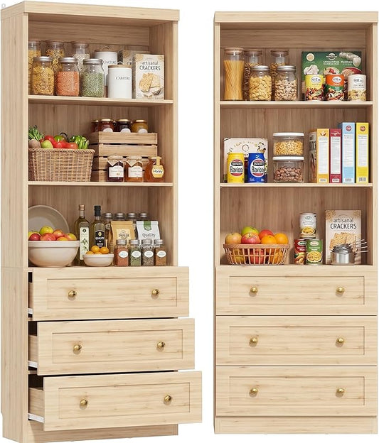 Cyclysio 80" Kitchen Pantry Cabinet with 3 Drawers, Tall Storage Cabinet Wood Food Pantry with Thickened Top Panel and Adjustable Shelves, Versatile Cupboard for Kitchen, Dining Room (1, Natural)