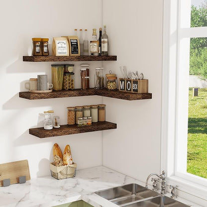 Floating Shelves for Wall, 24 Inch Floating Shelves Set of 2, Wall Mounted Rustic Wood Shelf for Bathroom, Living Room, Bedroom and Kitchen, Hanging Shelf for Storage, Books, Home Decor, Rustic Brown