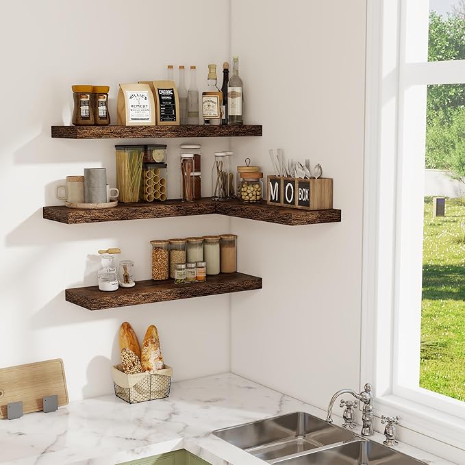 Floating Shelves for Wall, 32W x 8D Floating Wall Shelves with Invisible Brackets Set of 2, Hanging Rustic Wood Shelf Decoration for Bedroom, Bathroom, Living Room and Kitchen, Rustic Brown
