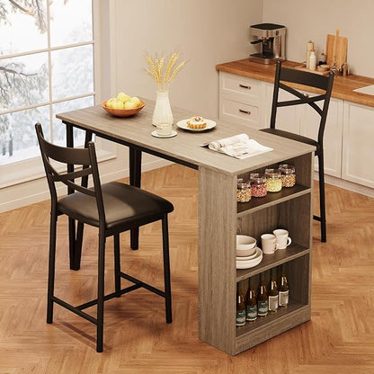 3-Piece Bar Table and Chairs Set, Extendable Kitchen Island with Storage Shelves, Counter Height Dining Table for Small Spaces, 2 Cushioned Bar Stools Included, Gray