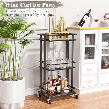 OKZEST 3 Tier Bar Cart for Home, Rolling Mini Liquor Bar for Wine Beverage Dinner Party, Utility Kitchen Storage Island Serving Cart on Wheels, Coffee Bar Cabinet for Kitchen Dining Living Room, Black