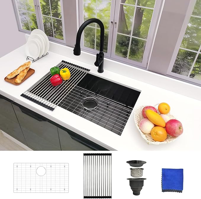 30 Inch Black Undermount Kitchen Sink - Delironexu Single Bowl Kitchen sinks, 16 Gauge Stainless Steel kitchen Sink Black with 4 Accessories, 30"x18"x9", Modern Design