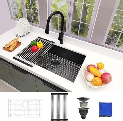 30 Inch Black Undermount Kitchen Sink - Delironexu Single Bowl Kitchen sinks, 16 Gauge Stainless Steel kitchen Sink Black with 4 Accessories, 30"x18"x9", Modern Design