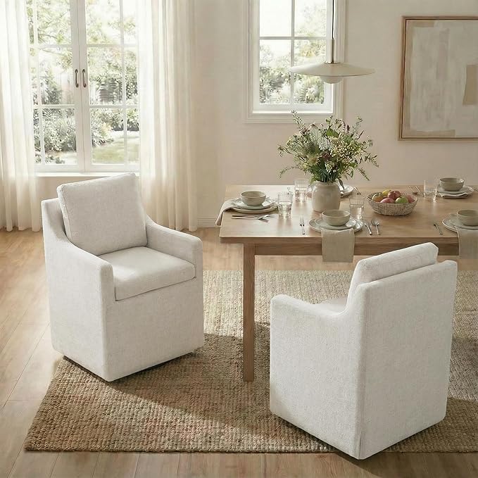 KISLOT Upholstered Dining Chairs Set of 4, Modern Dining Room Chairs with Casters & Washable Cover, Rolling Accent Chair with Hidden Storage for Kitchen, Farmhouse, Living Room, Linen Fabric, 4 Box